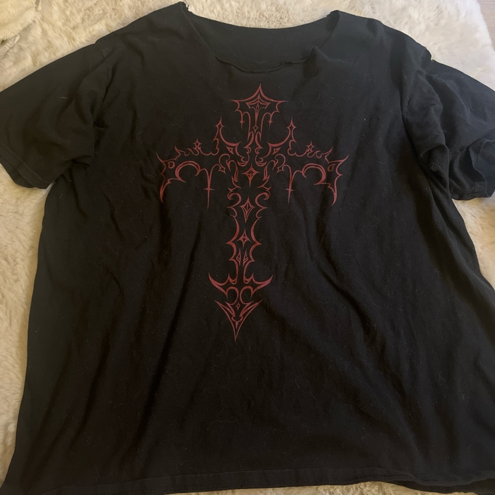 Black Graphic T-Shirt with Red Cross Design